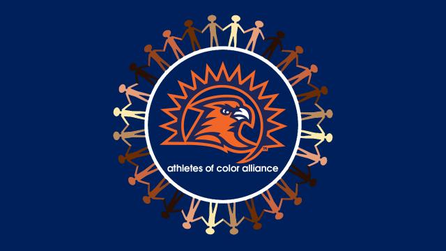 Logo of the Athletes of Color Alliance includes the FPU athletics logo surrounded by illustrations of people of many colors.