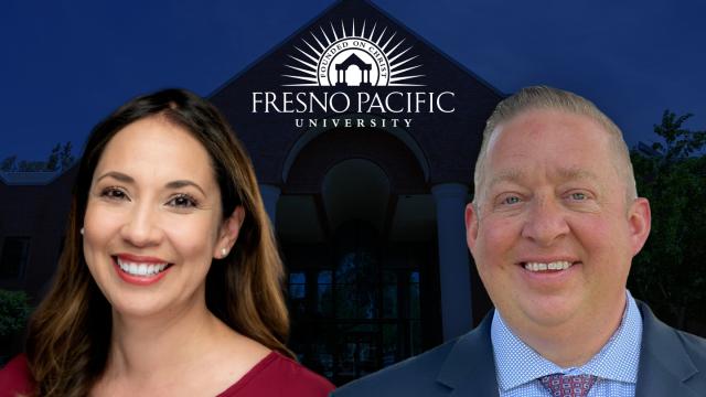 Photos of Liz Garvin and Brad Camilleri placed in front of a picture of McDonald Hall and the FPU logo