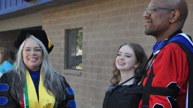 PHOTO (from left): Sonia Pranger, Ph.D., assistant professor of social work; Brooke Barham, student activities leader; and André Stephens, Ph.D., president of FPU.