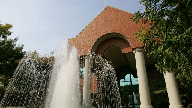 The fountain behind McDonald Hall in the main Fresno Pacific University campus
