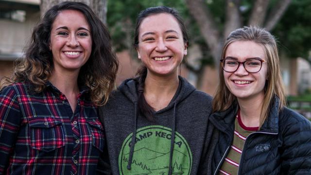 From left—Sara Gurulé, Erika Enomoto and Katie Isaac look like they've been working in a garden in this photo by The Syrinx, FPU's student publication.
