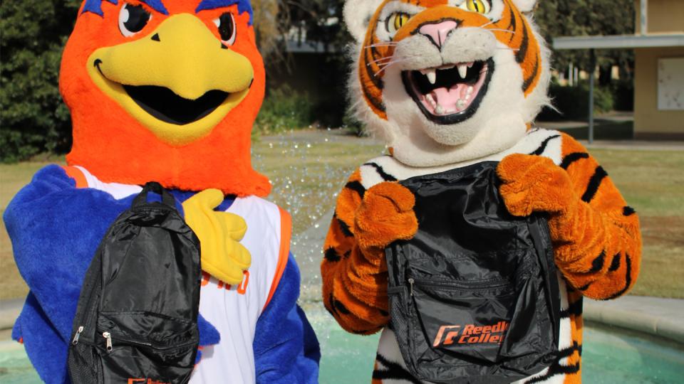 Sunny the Sunbird and the Reedley Tiger compare gear in a meeting of school mascots.