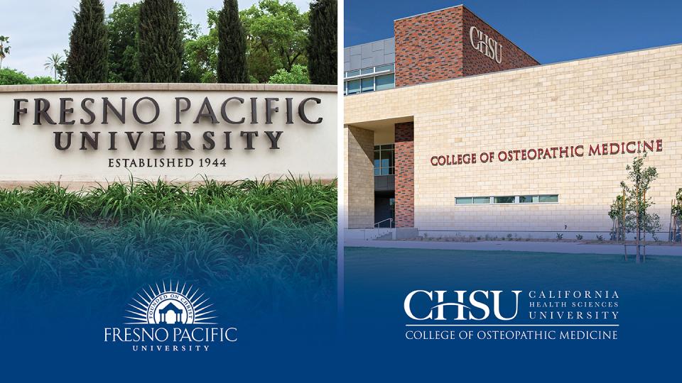 Graphic showing photos of the main FPU campus and CHSU