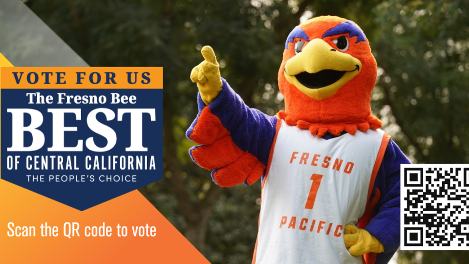 Sunny the Sunbird gives a thumbs up to FPU's Best of Central California efforts. The BCC logo is included, along with a QR code for voting