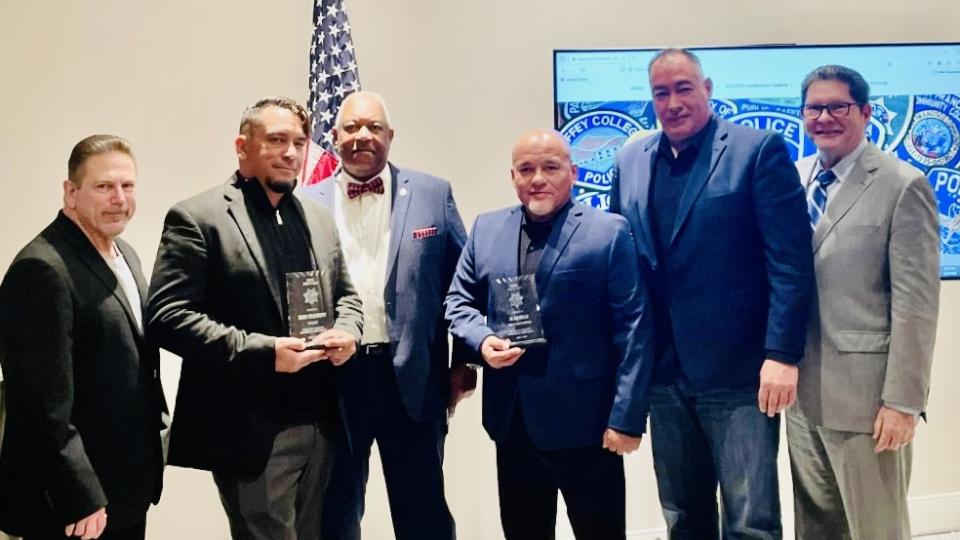 Line of men standing, two have awards (from left): Joel Justice, retired police chief, Ventura County Community College District, CCUPCA board member; Sean Bradbury (with award plaque); Alvin Jackson, police chief, San Bernardino Community College District, CCUPCA president; JR Murillo (with award plaque); Javier Campos, executive director of campus safety, FPU; and Ralph Webb, retired chief, Rancho Santiago Community College District, CCUPCA board member