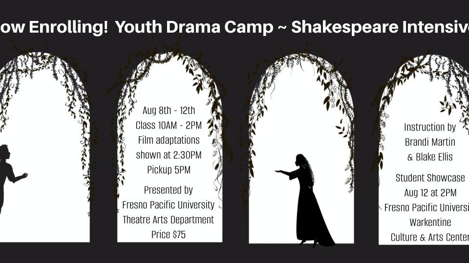 A silhouette of a scene from Shakespeare's time and written information on the FPU Summer Drama Camp as included in the article  