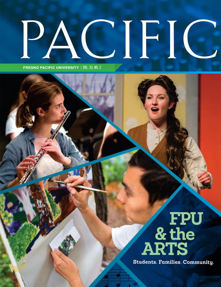 Pacific Magazine cover with students playing the flute, painting and acting in a play