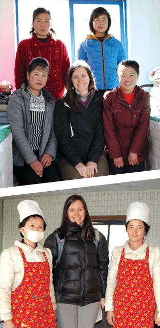 Jennifer Deibert at two MCC projects in North Korea. Top, with staff at a rest home for people with tuberculosis, and bottom, with cooks at an orphanage. Both receive canned meat from MCC.