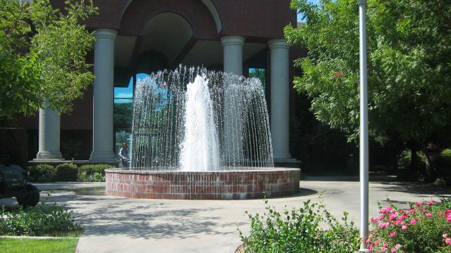 McDonald Hall at Fresno Pacific University featuring the fountain.