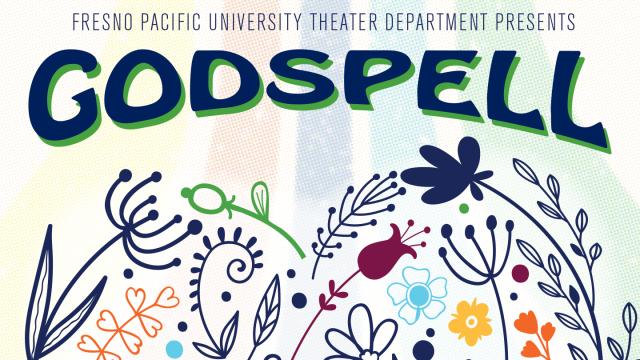 Image with text naming the play and university along with a graphic that is a heart made of flowers