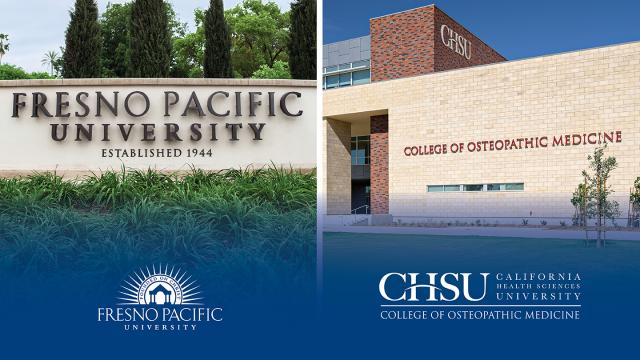 Graphic showing photos of the main FPU campus and CHSU