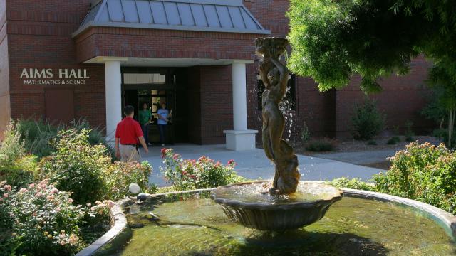 Rebecca fountain in front of AIMS Hall