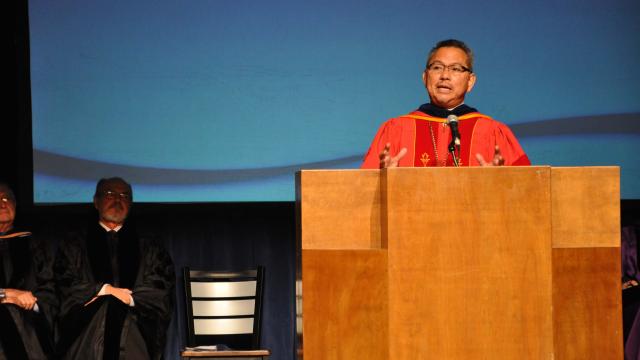 President Pete Menjares speaking at Convocation