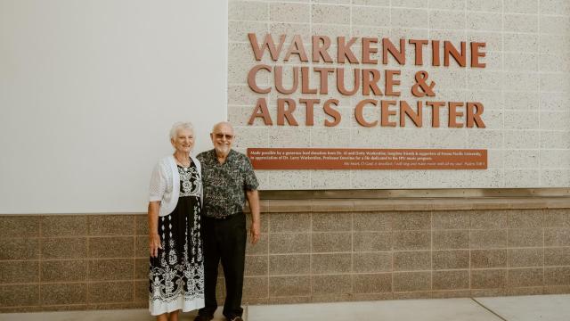 Dotty and Al Warkentine in front of the Warkentine Culture and Arts Center