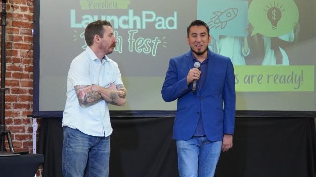 Carlos Huerta, right, at Reedley LaunchPad Pitch Fest, an activity for young entrepreneurs sponsored by FPU' Center for Community Transformation.