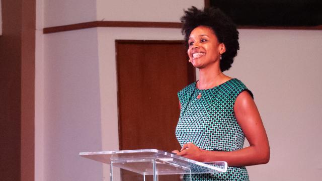 Believers Lectrue Series speaker Christena Cleveland smiles during her first talk in Butler Church.