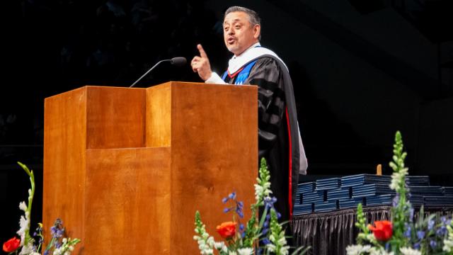 Noel Castellanos speaks at the December 2018 commencement ceremony for Fresno Pacific University