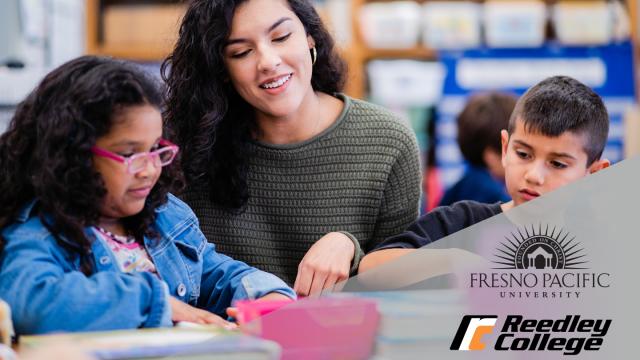 Teacher working with children and graphic of the FPU and Reedley College logos