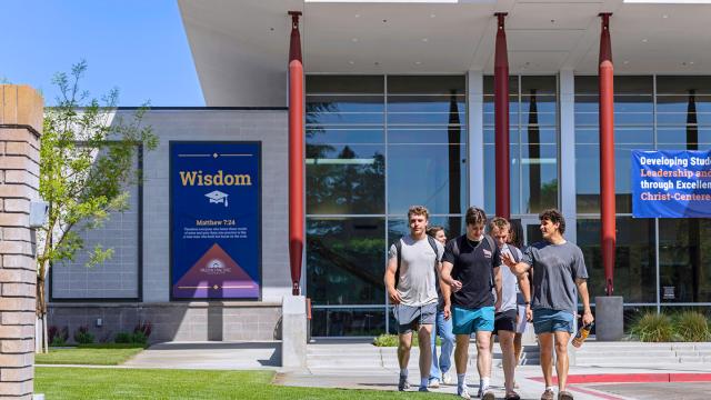Students in front of the Warkentine Culture and Arts Center at Fresno Pacific