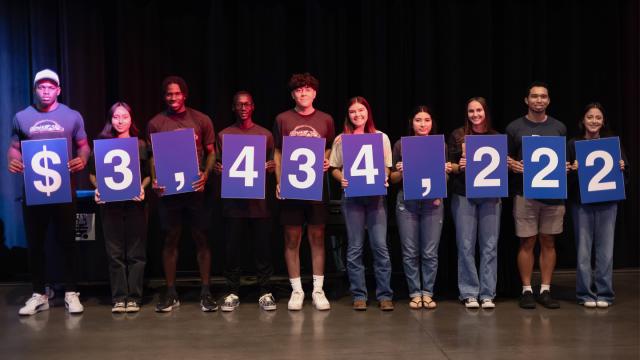 Students hold numbers representing the total raised by supporters of Fresno Pacific University through a $1.5M matching gift from longtime friends Al and Dotty Warkentine.