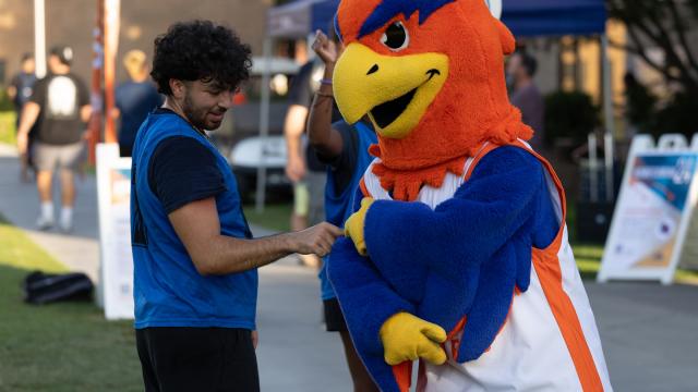 Sunny the Sunbird handled meet-and-greet duties at FPU's Homecoming