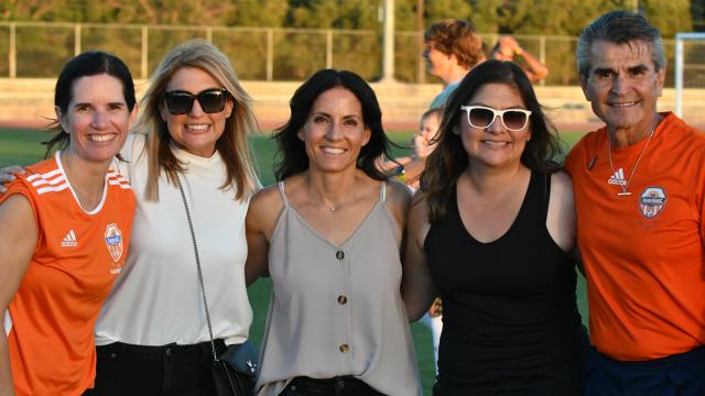 Pioneer member's of women's soccer team with coach Jaime Ramirez (left to right): Erin (O'Hare) Obwald, Nichole Mosqueda, Jennifer (Meneses) Becerra, Nadia (Rodriguez) Yamashita. 