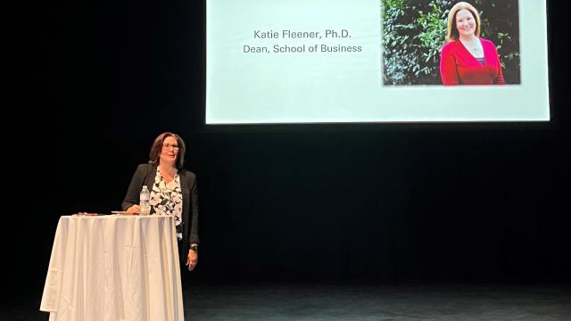 Katie Fleener, Ph.D., dean of the FPU School of Business, speaks at the Christian Business Summit 2022
