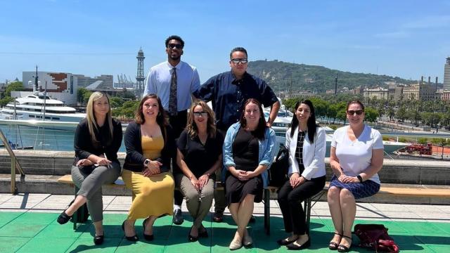 PHOTO: Members of the Fresno Pacific University Spring 2022 MBA trip on the rooftop at Tech Barcelona. Back row, left to right: Darrin Person, Eric Medina. Front row, left to right: Elizabeth Garza, Priscilla Quintana, Michelle Bradford, Lacey Norman, Jessica Leon, Katie Fleener.