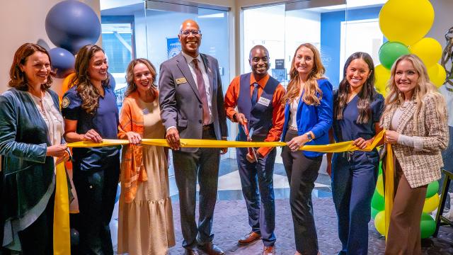 Photo of the ribbon-cutting for the CalViva Simulation Lab.