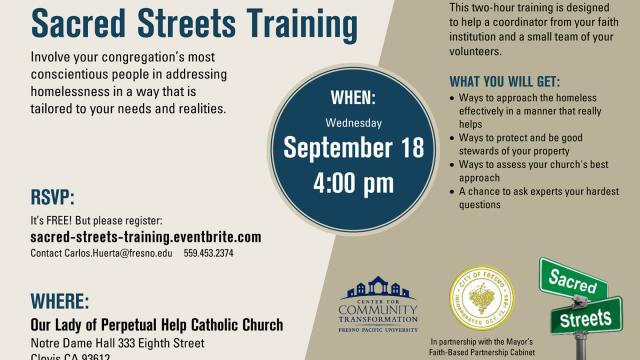 Flyer for the Sacred Streets training event