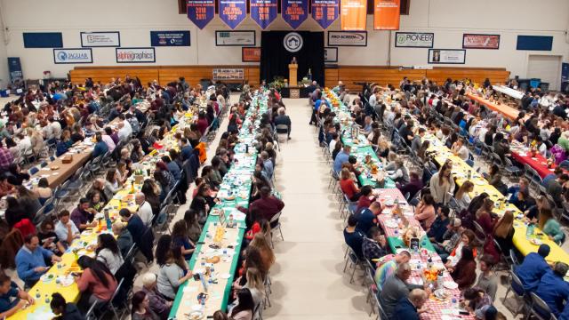 The view from the mezzanine in the Special Events Center of more than 700 members of the FPU community enjoying the annual Thanksgiving Luncheon