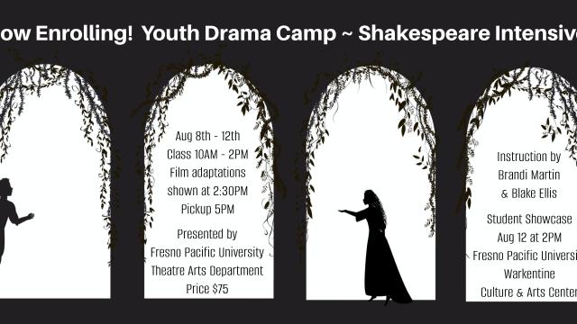 A silhouette of a scene from Shakespeare&#039;s time and written information on the FPU Summer Drama Camp as included in the article  