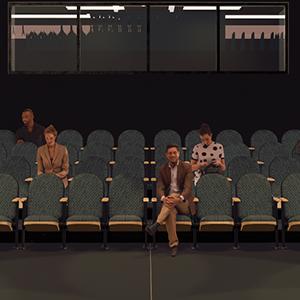 Rendering of four people sitting in theater style chairs