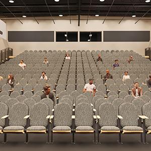 Rendering of large auditorium with people interspersed