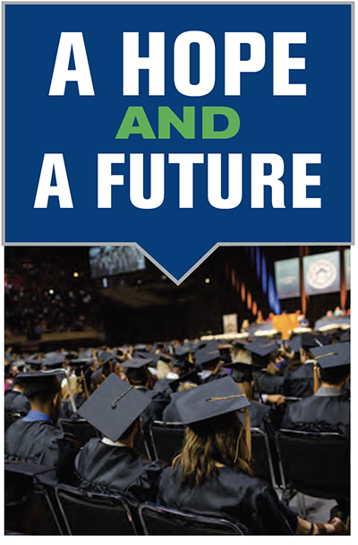 A hope and a future text above image of students at graduation